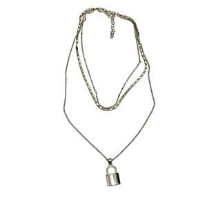 3 Layer Choker Silver Lock Pendant Necklace